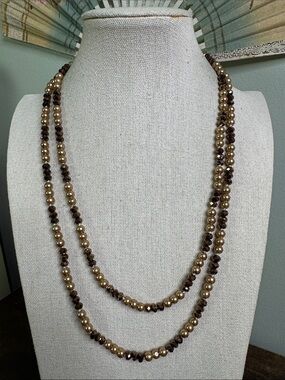 Vintage Gold and Brown Beaded Long Flapper Necklace 50”